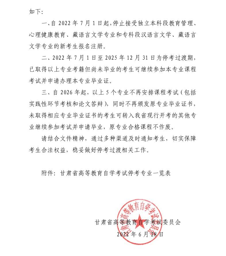 转发《关于停考甘肃省高等教育自学考试教育管理（独立本科段）等5个专业的通知》